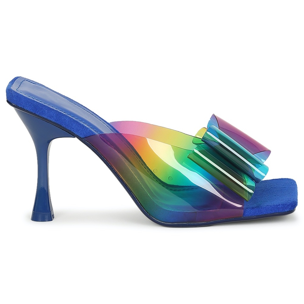 Rainbow Bow PVC Square Toe Heels BLUE - Picture 4 of 5